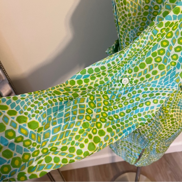 Trina Turk Green Yellow Button Front Shirt Dress Size Large cotton belted - Picture 3 of 8